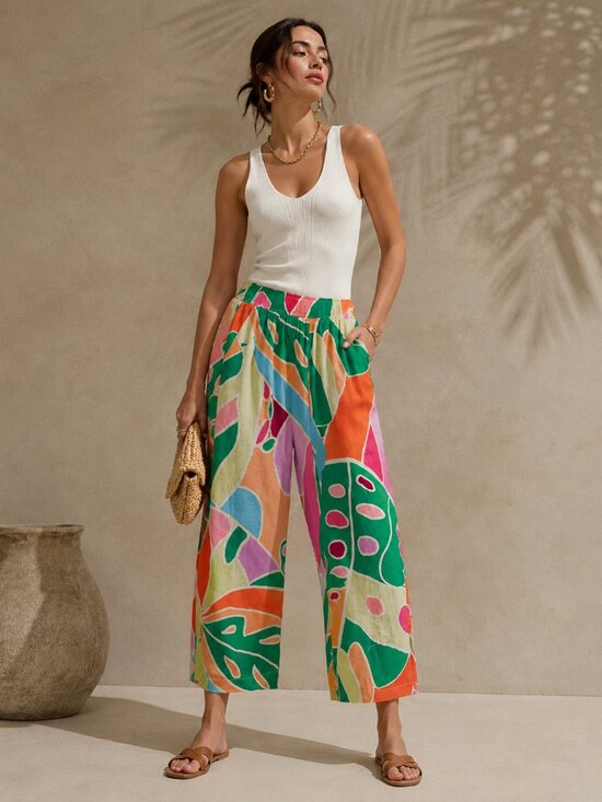 Christian Siriano Pants - Christian Siriano Linen Wide Leg Pants Women M Tropical Print Costal Resort Pant